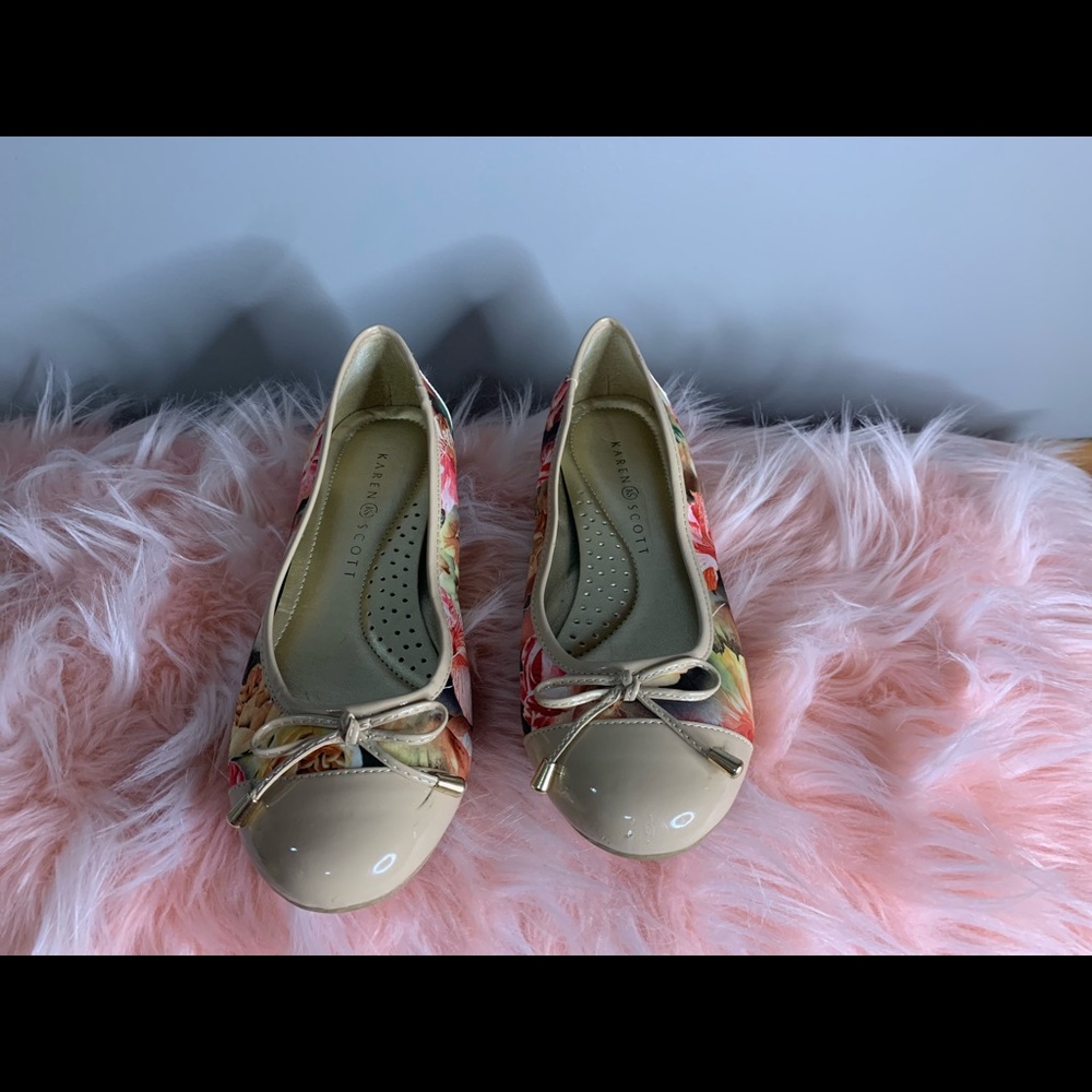 These karen scott shoes are coral with a very small heel.